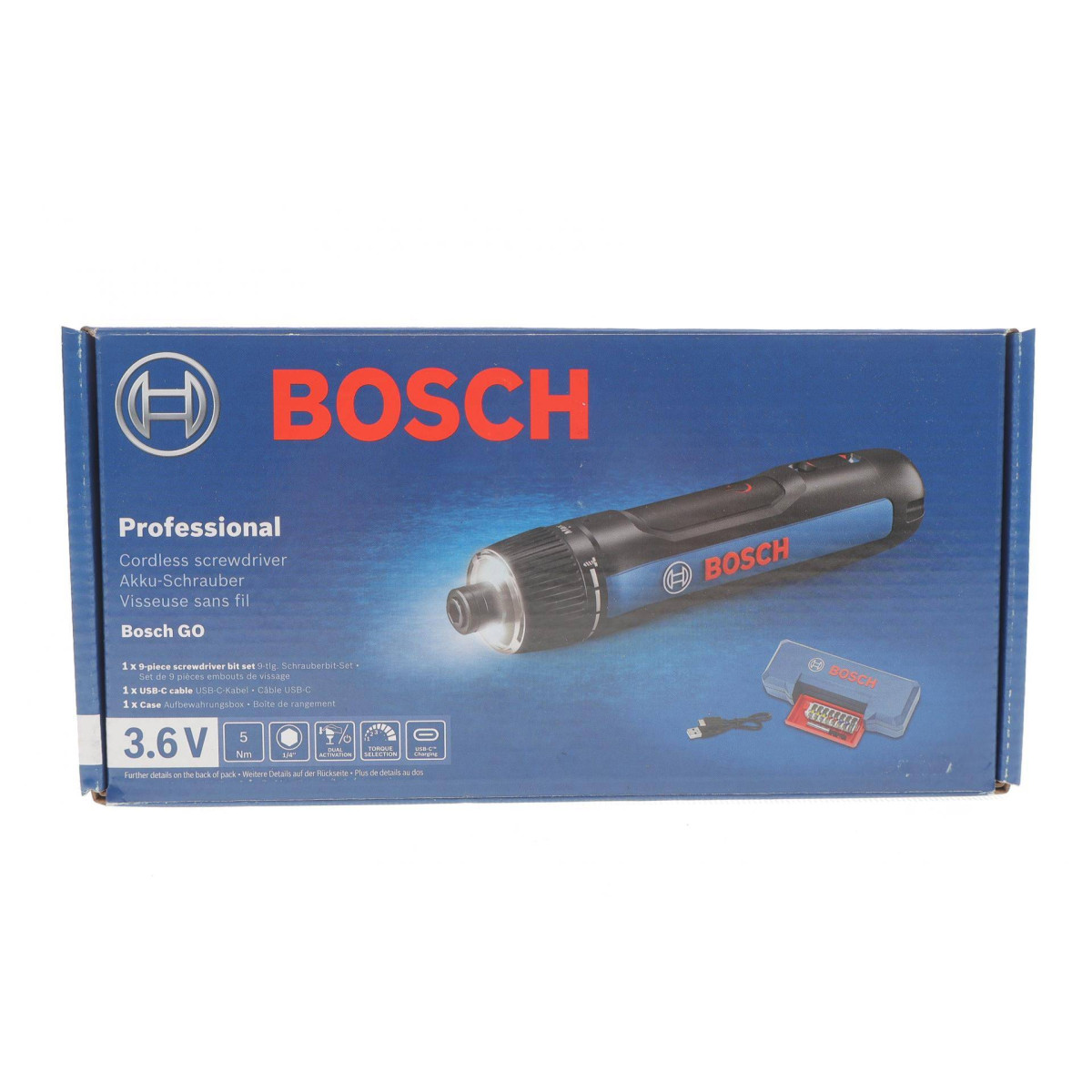 Шуруповерт акумуляторний Bosch GO (2,5-5 Nm/3.6V) 360 об./Макс /d=6,35мм (+ кейс з бітами)