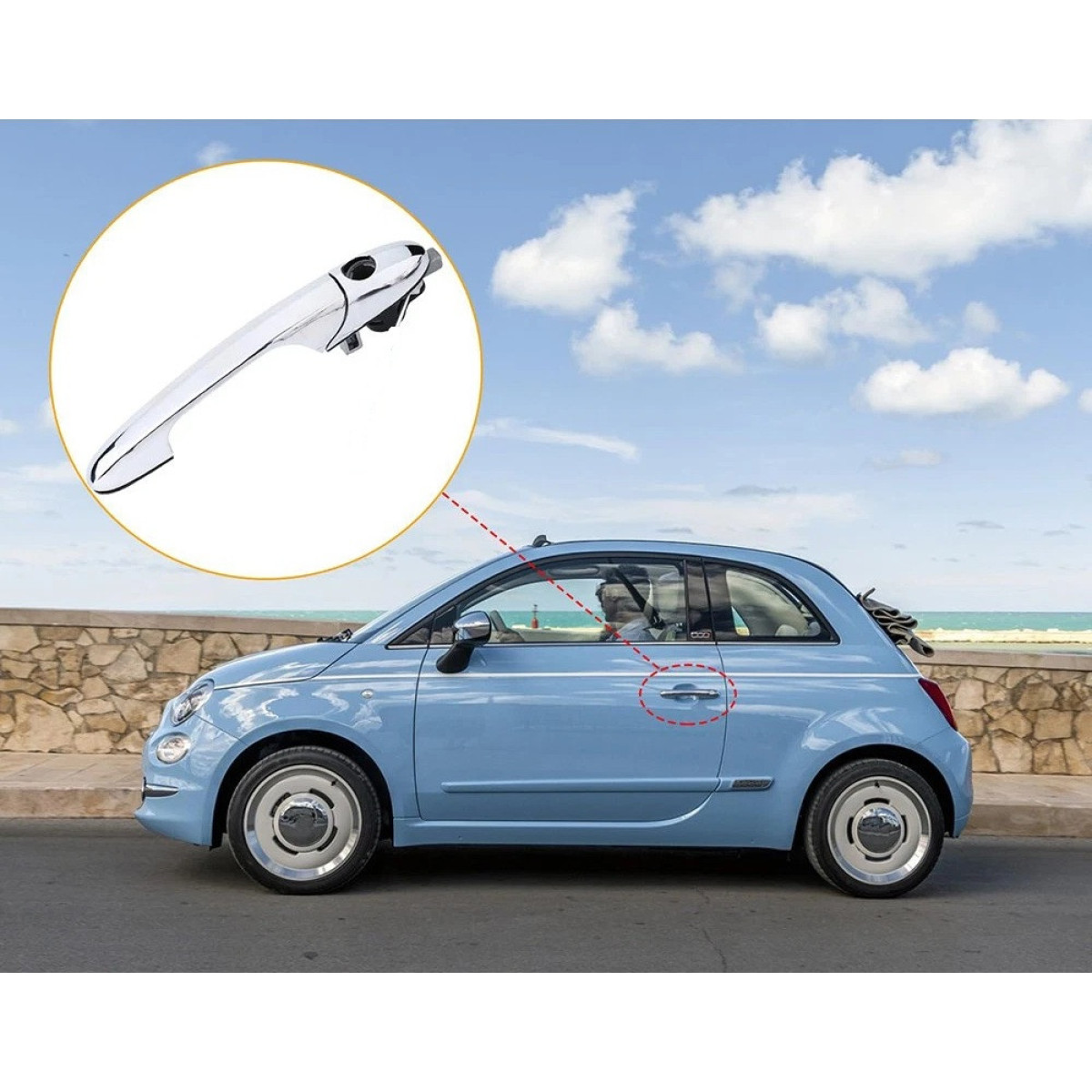 Ручка дверей зовнішня передня права хромована  Fiat 500 2007–2015