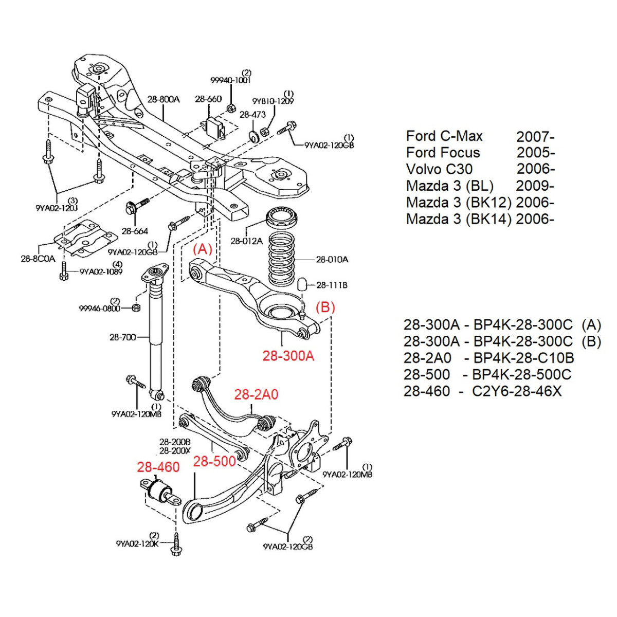 Комплект сайлентблоків задньої підвіски Ford Focus/Mazda 3/Volvo (S40) 99-10 (14шт)
