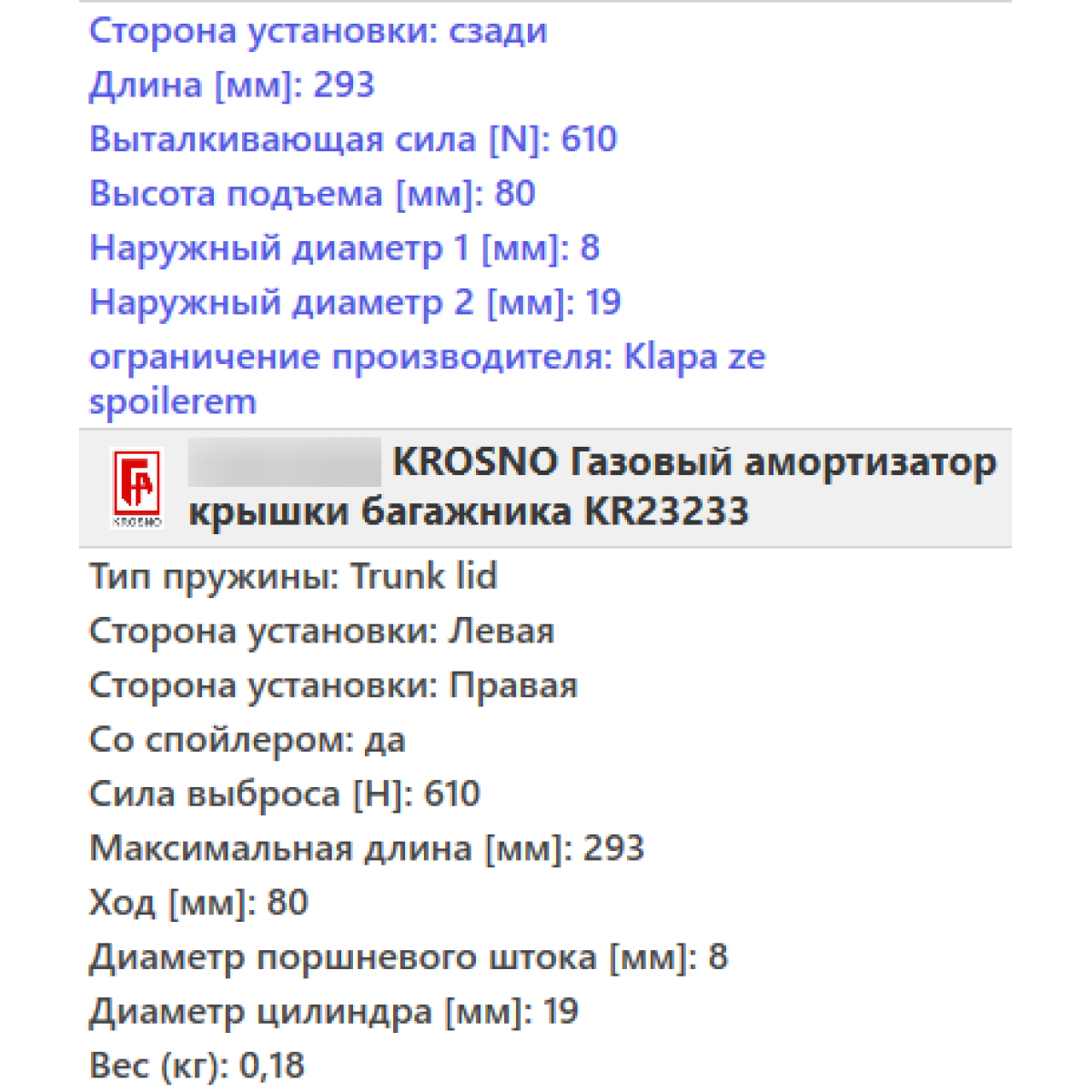 Газовий амортизатор багажника BMW 3 E36 1990-1999 / KROSNO
