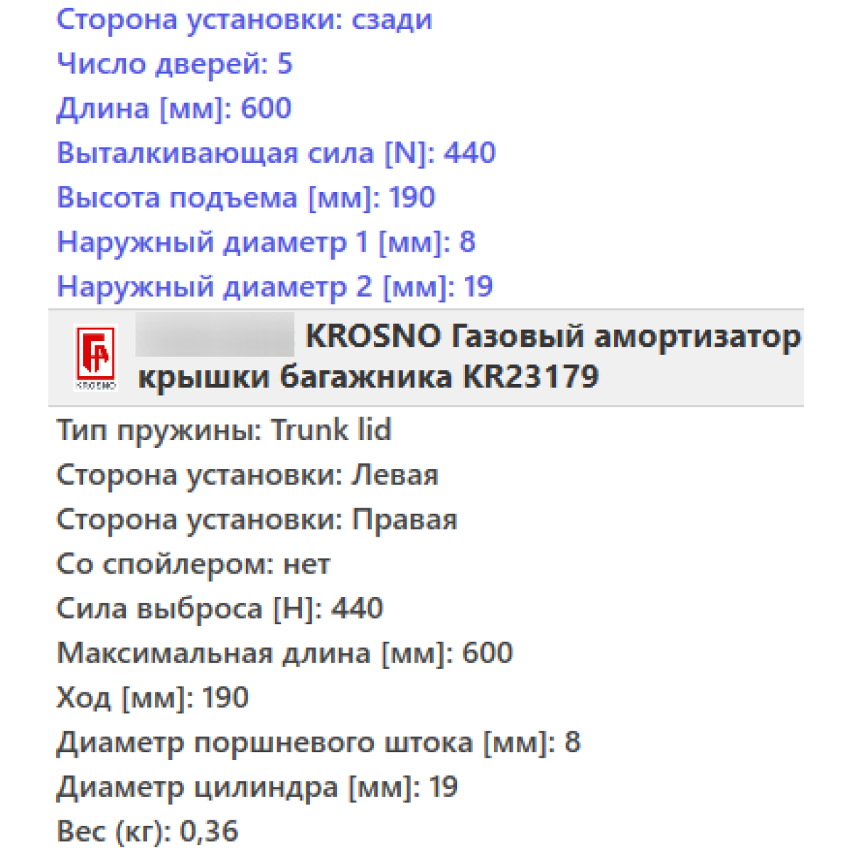 Газовий амортизатор багажника FORD FIESTA 5 2001-2008 / KROSNO
