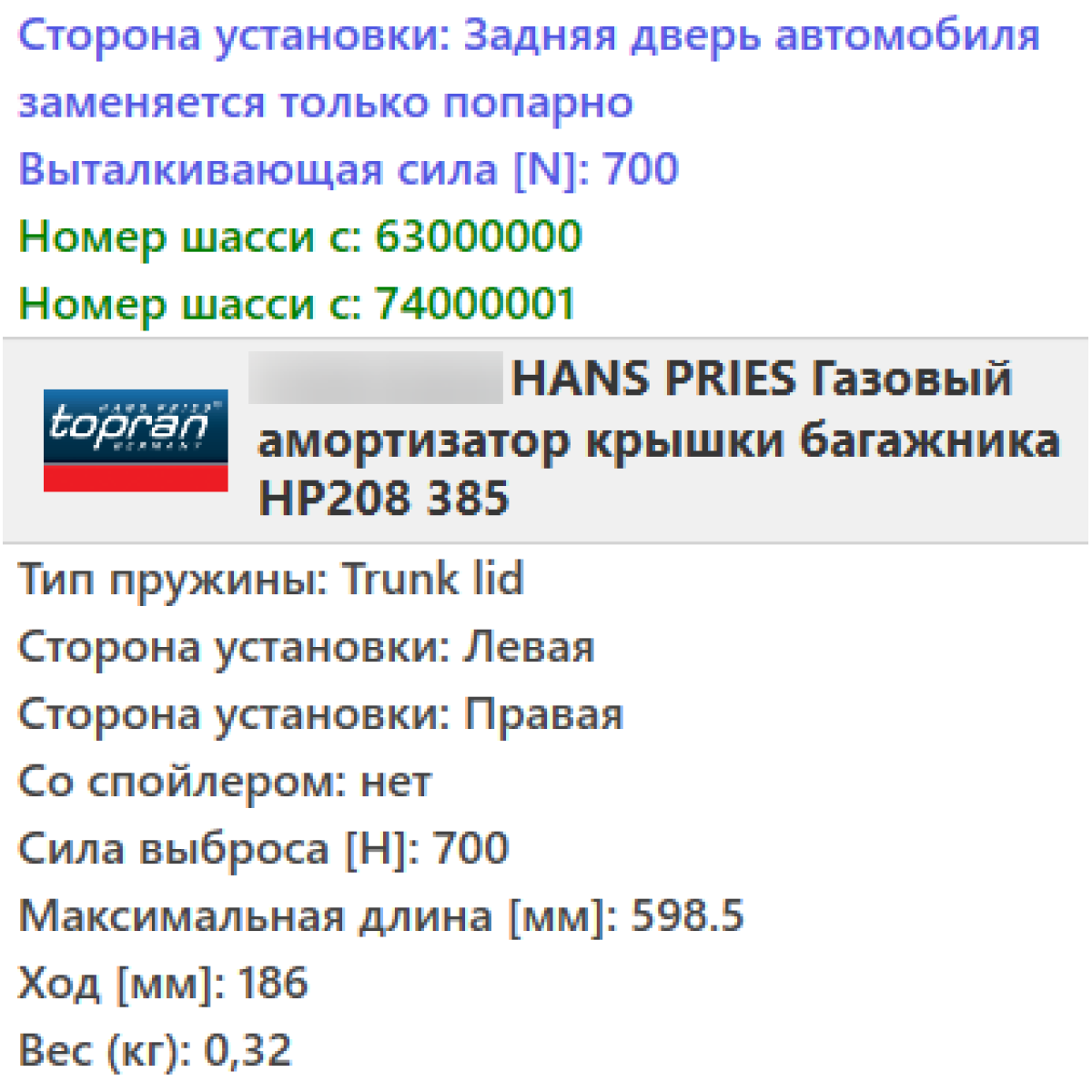Газовий амортизатор багажника OPEL COMBO 2001- / TOPRAN