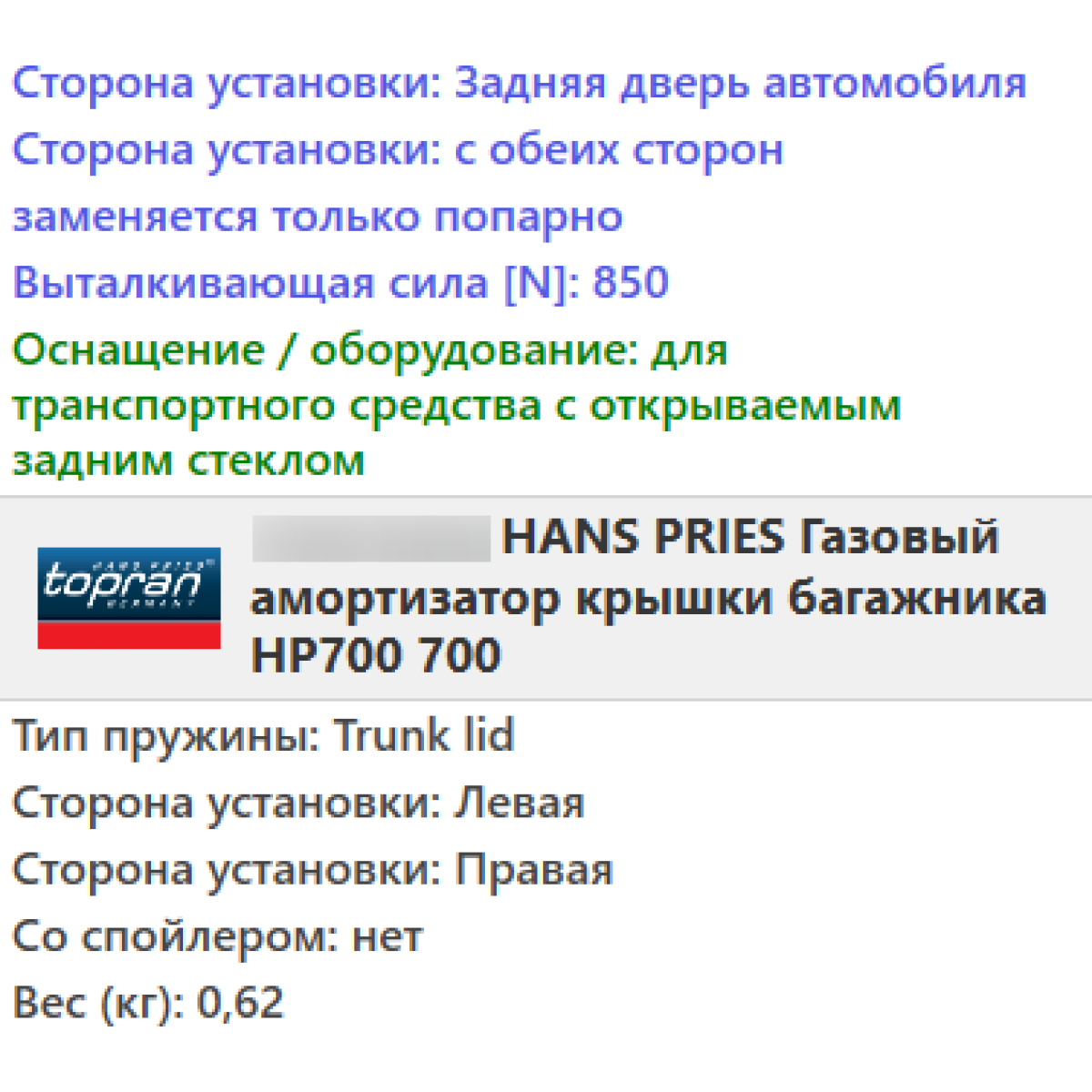 Газовий амортизатор багажника RENAULT ESPACE 4 2002- / TOPRAN