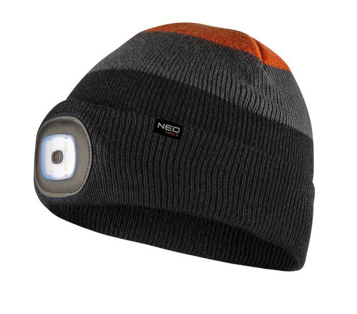 Шапка з LED-ліхтариком чорно-сіро-оранжева WARM (USB-зарядка)