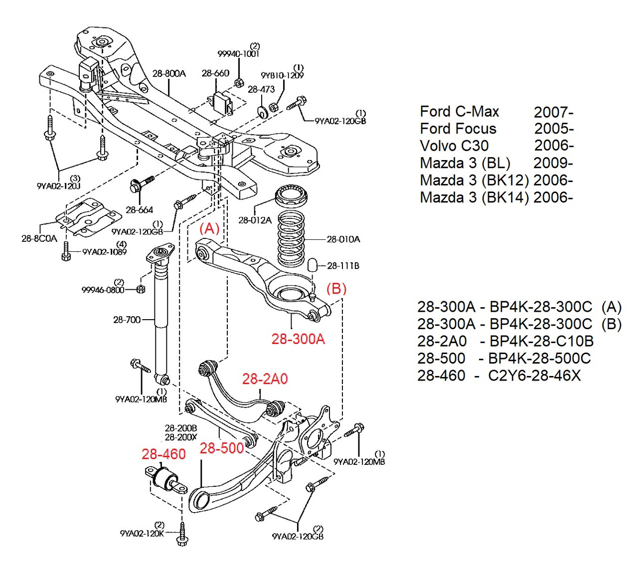 Комплект сайлентблоків задньої підвіски Ford Focus/Mazda 3/Volvo (S40) 99-10 (14шт)
